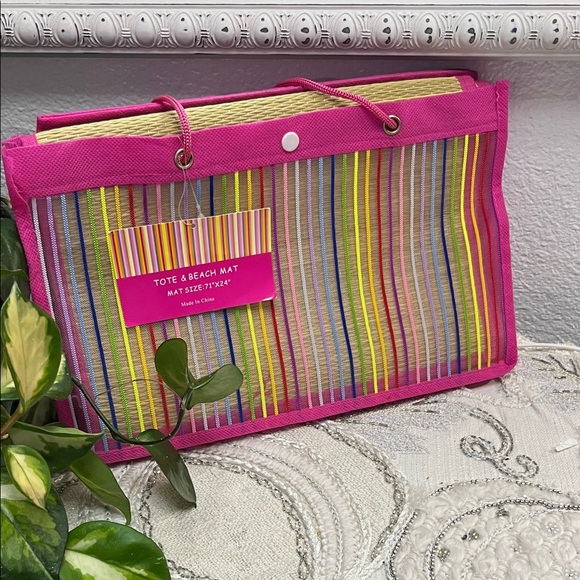 Accessories - NWT Striped Beach Tote with Hot Pink Trim {flawed}